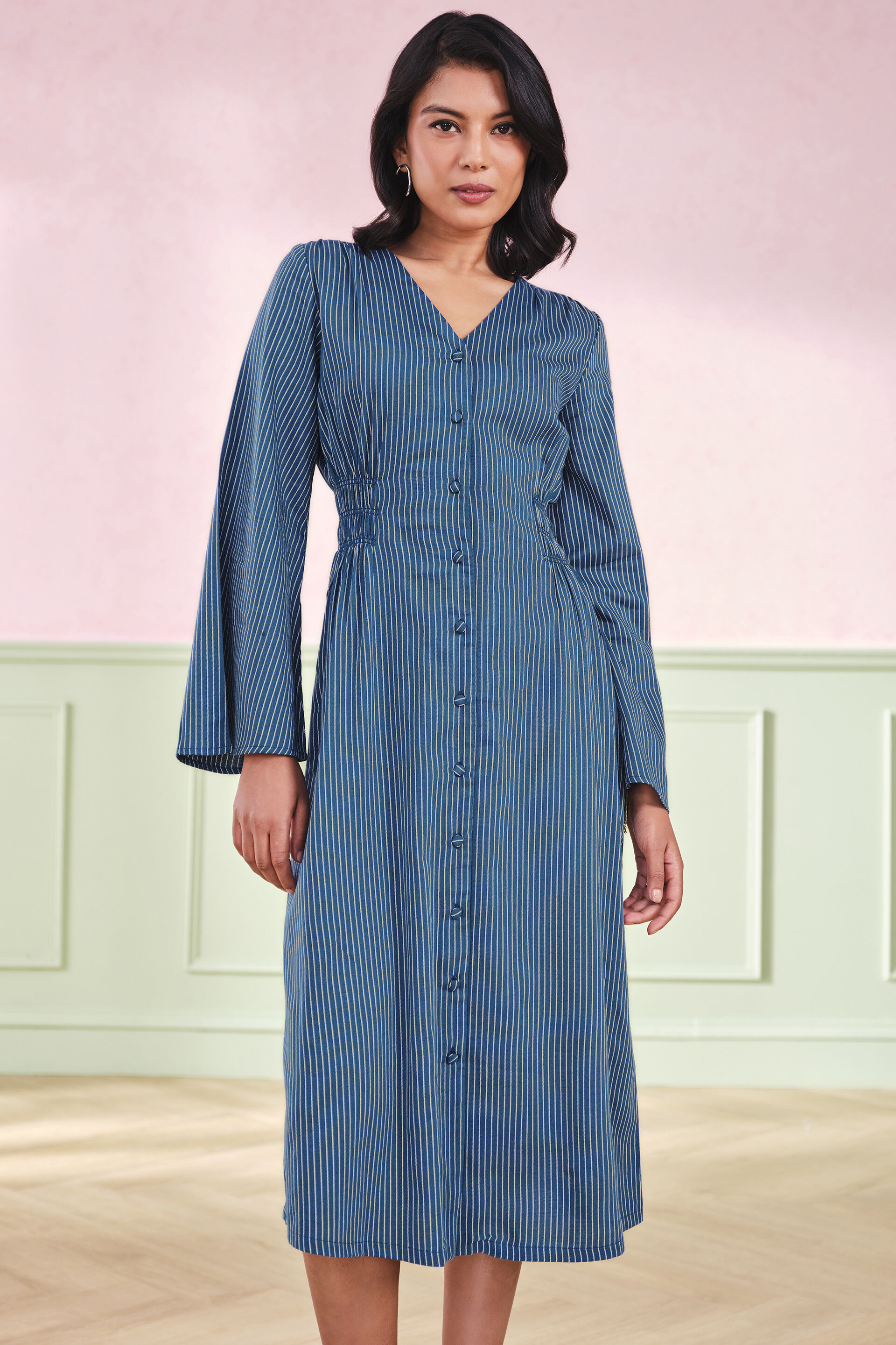 Chambray Charm Cotton Blend Dress, Blue, image 4